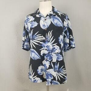 Caribbean Silk Shirt Mens XL Black Blue Floral Hawaiian Aloha Button Front